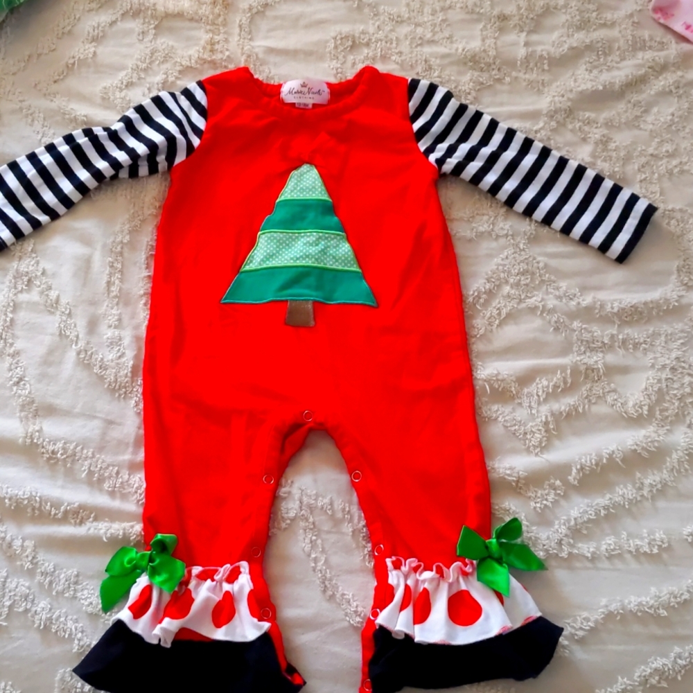 Marie Nicole Red and striped Christmas tree Romper. Green& red bows.